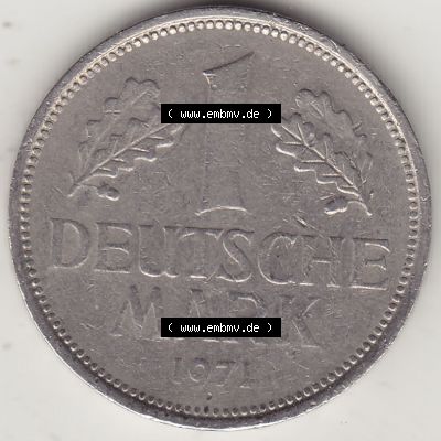 BRD Münzen 1 Deutsche Mark, Umlaufmünze 1950-2001, 1 DM Deutsche Mark, 1971 D-1. Münzen-Rückseite mit Nennwert / Nominalwert / Wert-Zahl einer 1 DM,... Sammlung