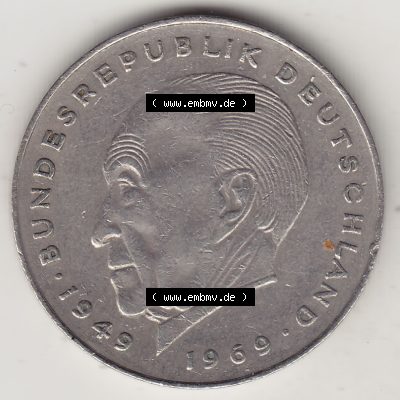BRD Münzen 2 DM, Gedenkmünze 1969-1987, 2 DM, Deutsche Mark Konrad Adenauer 1969 D-1. Rückseite einer 2 DM, 2 Deutsche Mark D Gedenkmünze, Mzz.... Sammlung