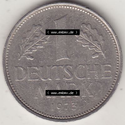 BRD Münzen 1 Deutsche Mark, Umlaufmünze 1950-2001, 1 DM Deutsche Mark, 1973 F-1. Münzen-Rückseite mit Nennwert / Nominalwert / Wert-Zahl einer 1 DM,... Sammlung
