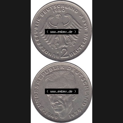 BRD Münzen 2 DM, Gedenkmünze 1979-1993, 2 DM, Deutsche Mark Kurt Schumacher 1980 D-1. Vorderseite und Rückseite mit Wert-Zahl eine 2 DM - Zwei Deutsche Mark Münze... Sammlung