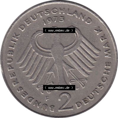BRD Münzen 2 DM, Gedenkmünze 1969-1987, 2 DM, Deutsche Mark Münze mit Konrad Adenauer aus Deutschland 1973 F-1. Vorderseite einer Deutschen Münze der BRD,... Sammlung