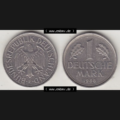 BRD Münzen 1 Deutsche Mark, Umlaufmünze 1950-2001, 1 DM Deutsche Mark, 1988 F-1. Münzen-Rückseite und Münzen-Vorderseite als Vollansicht einer 1 DM,... Sammlung