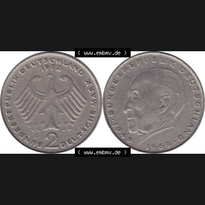 BRD Münzen 2 DM, Gedenkmünze 1969-1987, 2 DM, Deutsche Mark Münze mit Konrad Adenauer aus Deutschland 1972 D-1. Vorderseite und Rückseite mit Wert-Zahl von... Sammlung