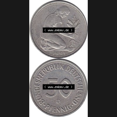 BRD Münzen 50 Pf. Umlaufmünze 1950-2001, 50 Pfennig BRD Deutschland 1991 München mit Mzz. D-1. Vorderseite und Rückseite mit Wert-Zahl eine 50 Pfennig Münze... Sammlung