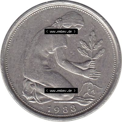 BRD Münzen 50 Pf. Umlaufmünze 1950-2001, 50 Pfennig BRD Deutschland 1988 München mit Mzz. D-1. Vorderseite mit 50-Pfennig Frau beim pflanzen eines Eichensetzling,... Sammlung