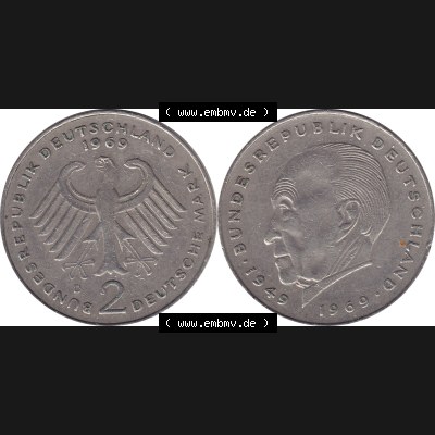 BRD Münzen 2 DM, Gedenkmünze 1969-1987, 2 DM, Deutsche Mark Münze mit Konrad Adenauer aus Deutschland 1969 D-1. Vorderseite und Rückseite mit Wert-Zahl von... Sammlung