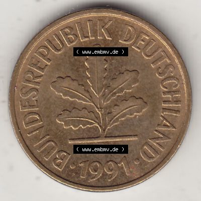 BRD Münzen 5 Pf., Umlaufmünze 1950-2001, 5 Pfennig, 1991 D-1. Vorderseite einer 5 Pfennig D, Mzz. D für München - Münze aus Deutschland... Sammlung