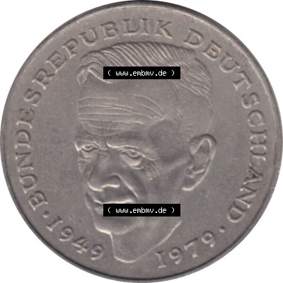 BRD Münzen 2 DM, Gedenkmünze 1979-1993, 2 DM, Deutsche Mark Kurt Schumacher 1983 D-1. Rückseite mit Wert-Zahl von 2 DM Gedenkmünze Kurt Schumacher einer Deutschen... Sammlung