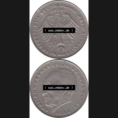 BRD Münzen 2 DM, Gedenkmünze 1969-1987, 2 DM, Deutsche Mark Münze mit Konrad Adenauer aus Deutschland 1974 F-1. Vorderseite und Rückseite mit Wert-Zahl eine... Sammlung