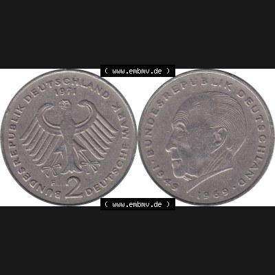 BRD Münzen 2 DM, Gedenkmünze 1969-1987, 2 DM, Deutsche Mark Münze mit Konrad Adenauer aus Deutschland 1971 F-1. Vorderseite und Rückseite mit Wert-Zahl einer... Sammlung