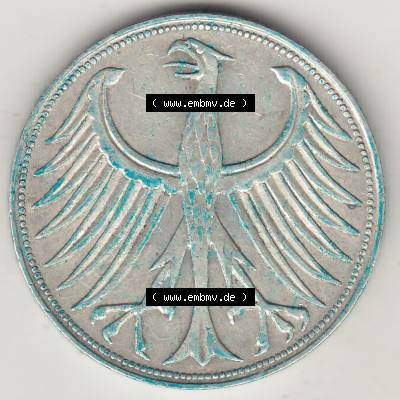 BRD Münzen Silbermünze 1951-1974, 5 DM, 5 Deutsche Mark Silberadler, Heiermann 1957 Münzzeichen / Mzz. "F" für Stuttgart - 2. Vorderseite... Sammlung