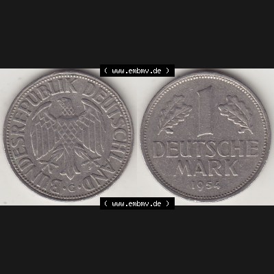 BRD Münzen 1 Deutsche Mark, Umlaufmünze 1950-2001, 1 DM Deutsche Mark, 1954 G-3. Münzen-Rückseite und Münzen-Vorderseite als Vollansicht einer 1 DM,... Sammlung