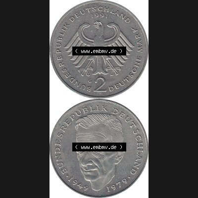 BRD Münzen 2 DM, Gedenkmünze 1979-1993, 2 DM, Deutsche Mark Kurt Schumacher Deutschland 1991 G-1. Vorderseite und Rückseite mit Wert-Zahl eine 2 DM - Zwei Deutsche... Sammlung