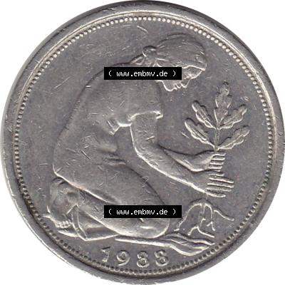 BRD Münzen 50 Pf. Umlaufmünze 1950-2001, 50 Pfennig BRD Deutschland 1988 Stuttgart Mzz. F-1. Vorderseite mit 50-Pfennig Frau beim pflanzen eines Eichensetzling,... Sammlung