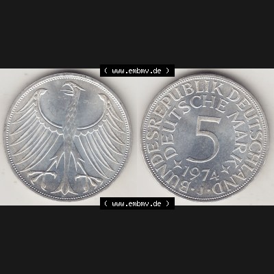 BRD Münzen Silbermünze 1951-1974, 5 DM, 5 Deutsche Mark Silberadler, Heiermann 1974 Münzzeichen / Mzz. "J" für Hamburg - 1. Vorderseite... Sammlung