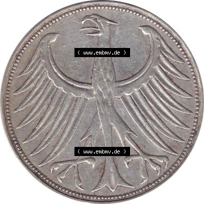 BRD Münzen Silbermünze 1951-1974, 5 DM aus Deutschland, 5 Deutsche Mark Silberadler, Heiermann 1956 Münzzeichen / Mzz. "F" für Stuttgart-1.... Sammlung