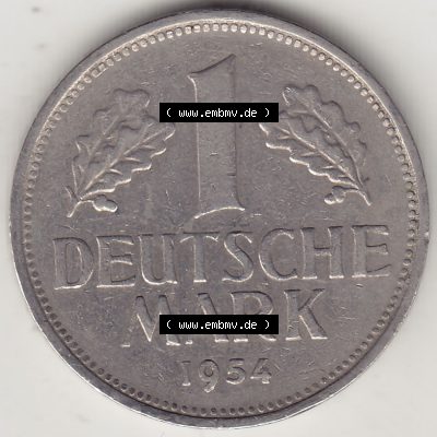 BRD Münzen 1 Deutsche Mark, Umlaufmünze 1950-2001, 1 DM Deutsche Mark, 1954 G-4. Münzen-Rückseite mit Nennwert / Nominalwert / Wert-Zahl einer 1 DM,... Sammlung