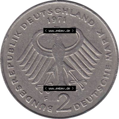 BRD Münzen 2 DM, Gedenkmünze 1969-1987, 2 DM, Deutsche Mark Münze mit Konrad Adenauer aus Deutschland 1971 F-1. Vorderseite einer Deutschen Münze der BRD,... Sammlung