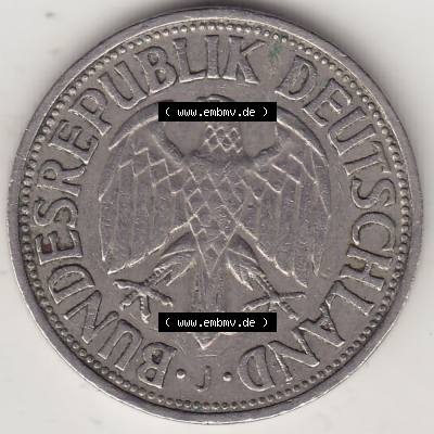 BRD Münzen 1 Deutsche Mark, Umlaufmünze 1950-2001, 1 DM Deutsche Mark, 1950 J-6. Vorderseite einer 1 DM, 1 Deutsche Mark J, Mzz. J für Hamburg... Sammlung