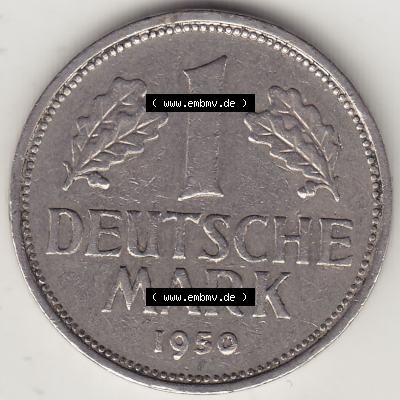 BRD Münzen 1 Deutsche Mark, Umlaufmünze 1950-2001, 1 DM Deutsche Mark, 1950 J-5. Münzen-Rückseite mit Nennwert / Nominalwert / Wert-Zahl einer 1 DM,... Sammlung