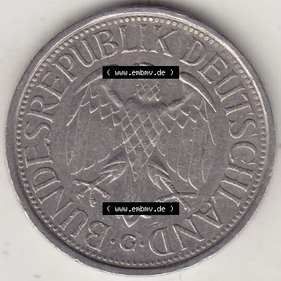 BRD Münzen 1 Deutsche Mark, Umlaufmünze 1950-2001, 1 DM Deutsche Mark, 1977 G-1. Vorderseite einer 1 DM, 1 Deutsche Mark G, Mzz. G für Karlsruhe... Sammlung