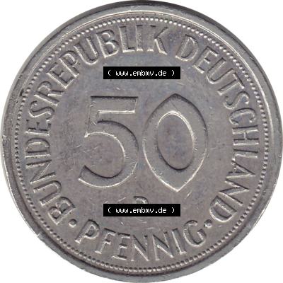 BRD Münzen 50 Pf. Umlaufmünze 1950-2001, 50 Pfennig BRD Deutschland 1991 München mit Mzz. D-1. Rückseite mit Wert-Zahl einer 50 Pfennig Münze einer DM... Sammlung