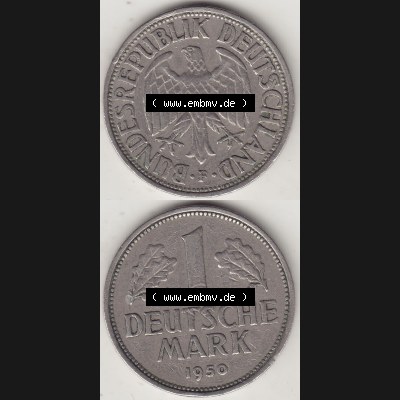 BRD Münzen 1 Deutsche Mark, Umlaufmünze 1950-2001, 1 DM Deutsche Mark, 1950 F-5. Münzen-Rückseite und Münzen-Vorderseite vertikal untereinander als Vollansicht... Sammlung
