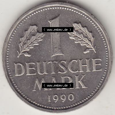 BRD Münzen 1 Deutsche Mark, Umlaufmünze 1990-2001, 1 Deutsche Mark 1990 A-2. Münzen-Rückseite mit Nennwert / Nominalwert / Wert-Zahl einer 1 DM, 1 Deutsche... Sammlung