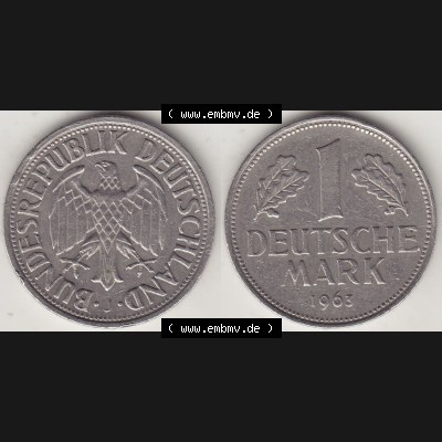 BRD Münzen 1 Deutsche Mark, Umlaufmünze 1950-2001, 1 DM Deutsche Mark, 1963 J-1. Münzen-Rückseite und Münzen-Vorderseite als Vollansicht einer 1 DM,... Sammlung