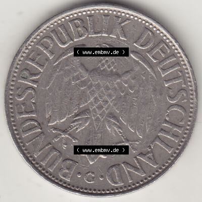 BRD Münzen 1 Deutsche Mark, Umlaufmünze 1950-2001, 1 DM Deutsche Mark, 1963 G-1. Vorderseite einer 1 DM, 1 Deutsche Mark G, Mzz. G für Karlsruhe... Sammlung