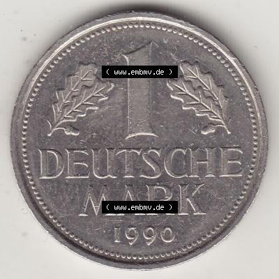 BRD Münzen 1 Deutsche Mark, Umlaufmünze 1950-2001, 1 DM Deutsche Mark, 1990 J-1. Münzen-Rückseite mit Nennwert / Nominalwert / Wert-Zahl einer 1 DM,... Sammlung