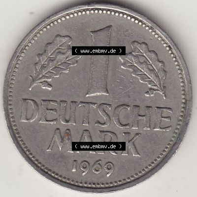 BRD Münzen 1 Deutsche Mark, Umlaufmünze 1950-2001, 1 DM Deutsche Mark, 1969 J-1. Münzen-Rückseite mit Nennwert / Nominalwert / Wert-Zahl einer 1 DM,... Sammlung