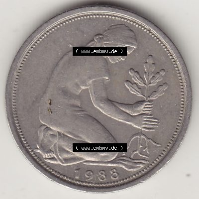 BRD Münzen 50 Pf. Umlaufmünze 1950-2001, 50 Pfennig BRD Deutschland 1988 J-1. Vorderseite der digitalisierte 50 Pfennig J, mit Mzz. J für Hamburg aus der... Sammlung