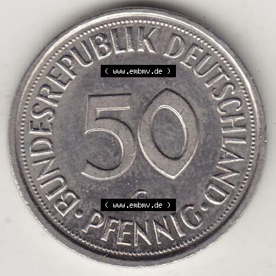 BRD Münzen 50 Pf. Umlaufmünze 1950-2001, 50 Pfennig 1992 G-1. Rückseite mit Wert-Zahl der digitalisierten 50 Pfennig G, mit Mzz. G für Münzstätte... Sammlung