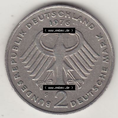BRD Münzen 2 DM, Gedenkmünze 1969-1987, 2 DM, Deutsche Mark Konrad Adenauer 1976 F-1. Vorderseite einer 2 DM, 2 Deutsche Mark F Gedenkmünze, Mzz.... Sammlung