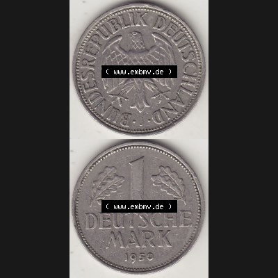BRD Münzen 1 Deutsche Mark, Umlaufmünze 1950-2001, 1 DM Deutsche Mark, 1950 J-7. Münzen-Rückseite und Münzen-Vorderseite vertikal untereinander als Vollansicht... Sammlung