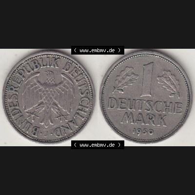 BRD Münzen 1 DM, Umlaufmünze 1950-2001, 1 DM Deutsche Mark, 1950 J-1. Münzen-Rückseite und Münzen-Vorderseite als Vollansicht einer 1 DM, 1 Deutsche... Sammlung