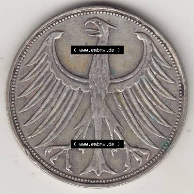 BRD Münzen Silbermünze 1951-1974, 5 DM, 5 Deutsche Mark Silberadler, Heiermann 1960 Münzzeichen / Mzz. "J" für Hamburg - 1. Vorderseite... Sammlung