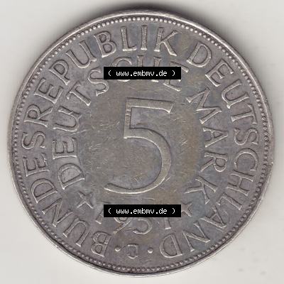 BRD Münzen Silbermünze 1951-1974, 5 DM, 5 Deutsche Mark Silberadler, Heiermann 1951 J-1. Rückseite auf einen Bild/Foto mit Wert-Zahl von 5 Deutsche Mark einer... Sammlung