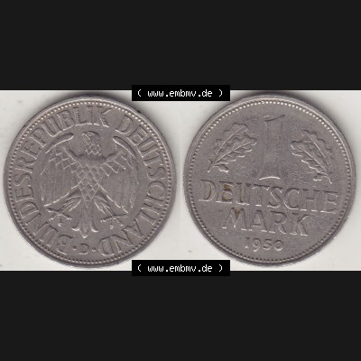 BRD Münzen 1 DM, Umlaufmünze 1950-2001, 1 DM Deutsche Mark, 1950 D-4. Münzen-Rückseite und Münzen-Vorderseite als Vollansicht einer 1 DM, 1 Deutsche... Sammlung