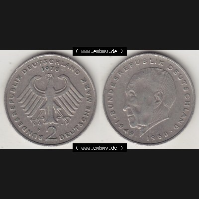 BRD Münzen 2 DM, Gedenkmünze 1969-1987, 2 DM, Deutsche Mark Konrad Adenauer 1976 F-1. VS-RS auf einen Bild / Foto einer 2 DM, 2 Deutsche Mark F Gedenkmünze,... Sammlung