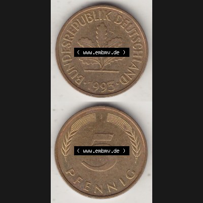 BRD Münzen 5 Pf., Umlaufmünze 1950-2001, 5 Pfennig, 1993 J-1. Vorderseite und Rückseite vertikal untereinander zusammen auf einen Bild / Foto für... Sammlung