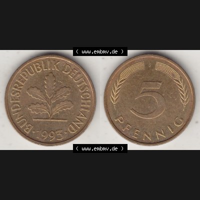 BRD Münzen 5 Pf., Umlaufmünze 1950-2001, 5 Pfennig, 1993 J-1. Vorderseite und Rückseite zusammen auf einen Bild / Foto für Desktop-Computer einer... Sammlung