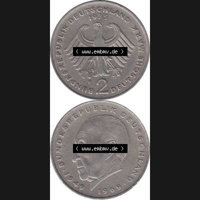 BRD Münzen 2 DM, Gedenkmünze 1969-1987, 2 DM, Deutsche Mark Münze mit Konrad Adenauer aus Deutschland 1975 F-1. Vorderseite und Rückseite mit Wert-Zahl eine... Sammlung