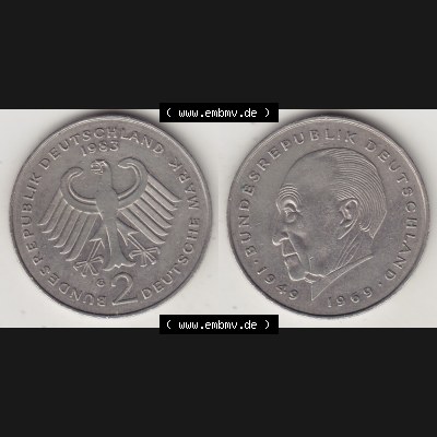 BRD Münzen 2 DM, Gedenkmünze 1969-1987, 2 DM, Deutsche Mark Konrad Adenauer 1983 G-1. VS-RS auf einen Bild / Foto einer 2 DM, 2 Deutsche Mark G Gedenkmünze,... Sammlung