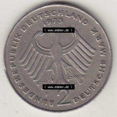 BRD Münzen 2 DM, Gedenkmünze 1969-1987, 2 DM, Deutsche Mark Konrad Adenauer 1973 F-1. Vorderseite einer 2 DM, 2 Deutsche Mark F Gedenkmünze, Mzz.... Sammlung