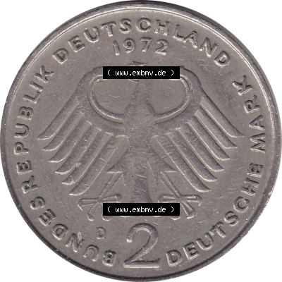 BRD Münzen 2 DM, Gedenkmünze 1969-1987, 2 DM, Deutsche Mark Münze mit Konrad Adenauer aus Deutschland 1972 D-1. Vorderseite einer Deutschen Münze der BRD,... Sammlung