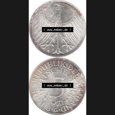 BRD Münzen Silbermünze 1951-1974, 5 DM aus Deutschland, 5 Deutsche Mark Silberadler, Heiermann 1971 Münzzeichen / Mzz. "G" für Karlsruhe-1.... Sammlung