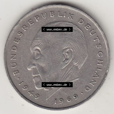 BRD Münzen 2 DM, Gedenkmünze 1969-1987, 2 DM, Deutsche Mark Konrad Adenauer 1979 F-1. Rückseite einer 2 DM, 2 Deutsche Mark F Gedenkmünze, Mzz.... Sammlung