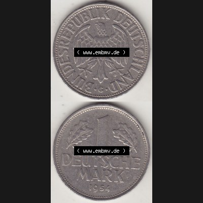 BRD Münzen 1 Deutsche Mark, Umlaufmünze 1950-2001, 1 DM Deutsche Mark, 1954 G-2. Münzen-Rückseite und Münzen-Vorderseite vertikal untereinander als Vollansicht... Sammlung